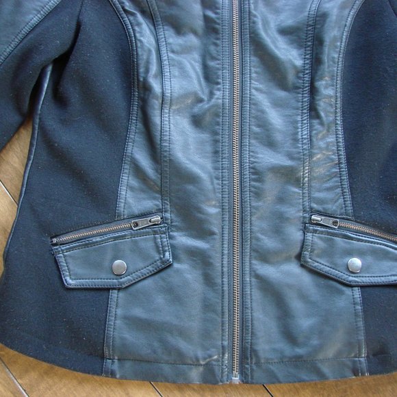 Black Faux Leather Moto Jacket Zippers Ribbed Size Small - Picture 6 of 12